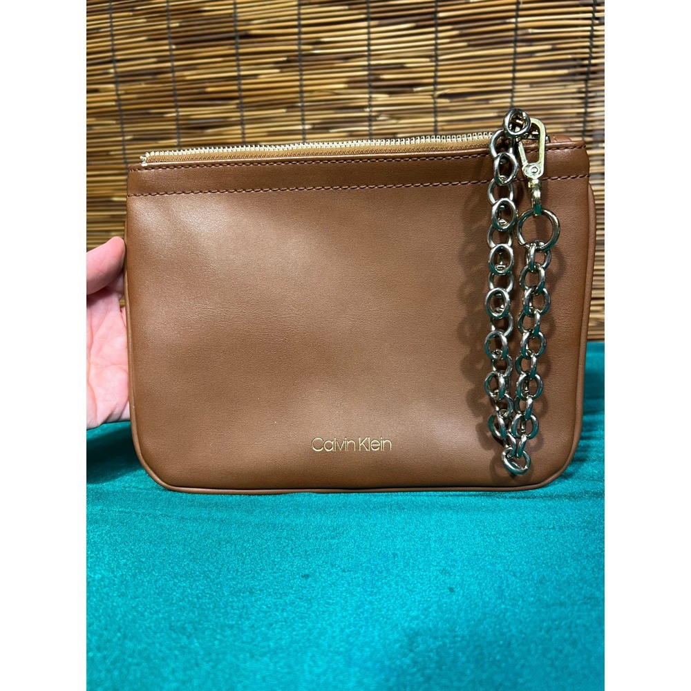 Calvin Klein Small Wristlet Clutch Brown Faux Leather Silver Chain Strap